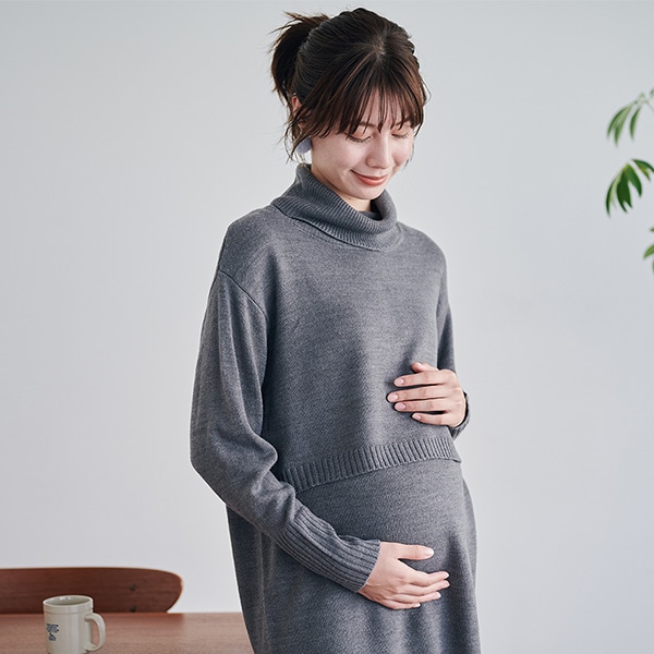 授乳口付きオフタートルニット長袖ワンピース | マタニティ・産後