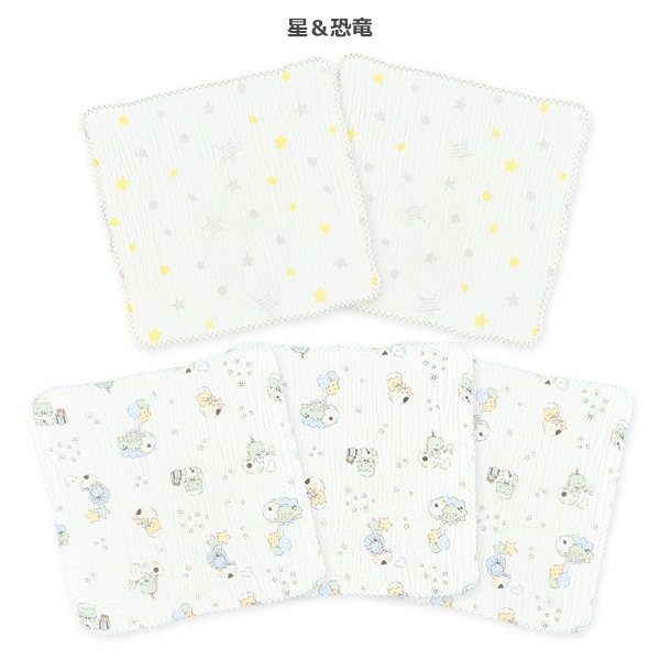 5枚組水洗い2重ガーゼハンカチ（イチゴ＆リボン・星＆恐竜）