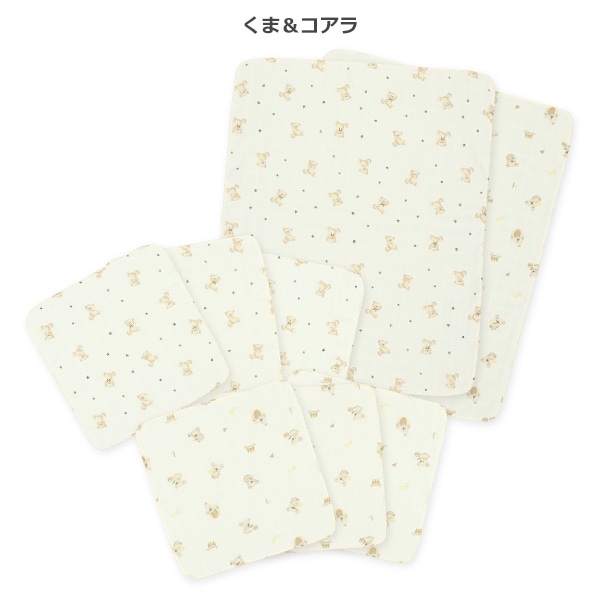 ガーゼ入浴布+ハンカチ8点セット（花&いちご・くま&コアラ）