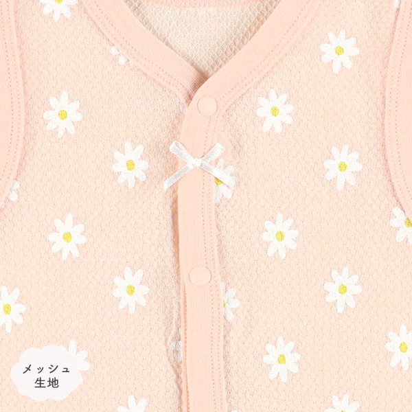 2枚組メッシュノースリーブ前開きロンパース肌着（花・リボン）