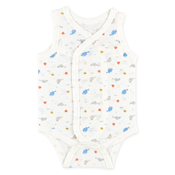 2枚組メッシュボタン式ノースリーブ打ち合わせロンパース肌着（海の生きもの）