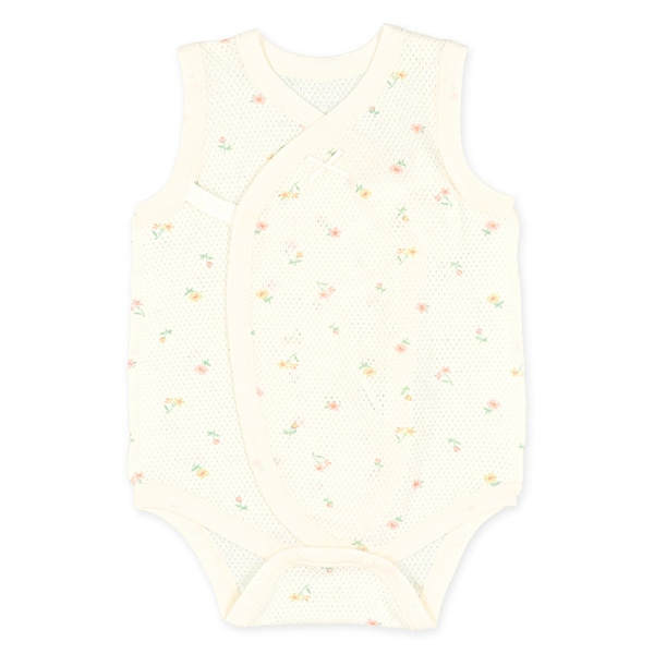 2枚組メッシュボタン式ノースリーブ打ち合わせロンパース肌着（さくらんぼ・花柄）