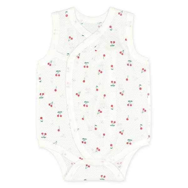 2枚組メッシュボタン式ノースリーブ打ち合わせロンパース肌着（さくらんぼ・花柄）