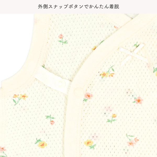 2枚組メッシュボタン式ノースリーブ打ち合わせロンパース肌着（さくらんぼ・花柄）