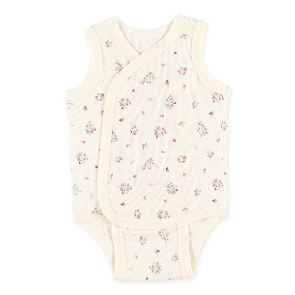 2枚組エッフェルニットノースリーブ打ち合わせロンパース肌着（いちご・チェリー）