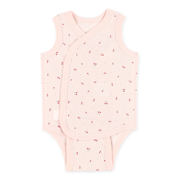 2枚組エッフェルニットノースリーブ打ち合わせロンパース肌着（いちご・チェリー）