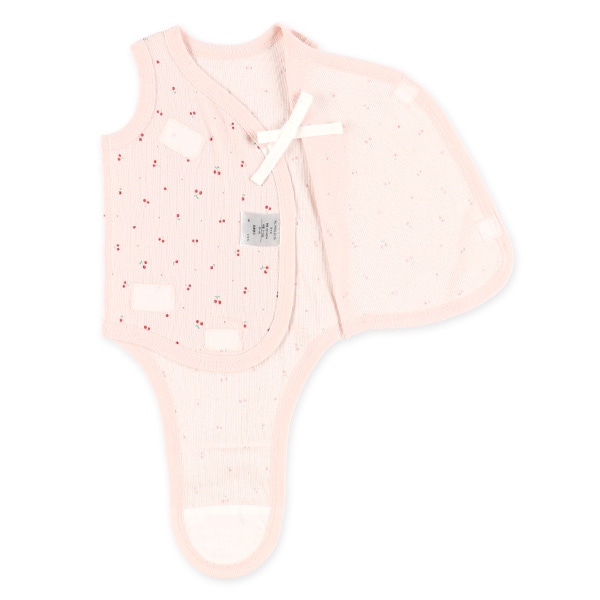 2枚組エッフェルニットノースリーブ打ち合わせロンパース肌着（いちご・チェリー）