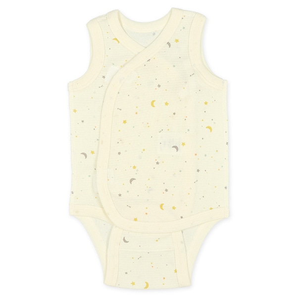 2枚組エッフェルニットノースリーブ打ち合わせロンパース肌着（星）