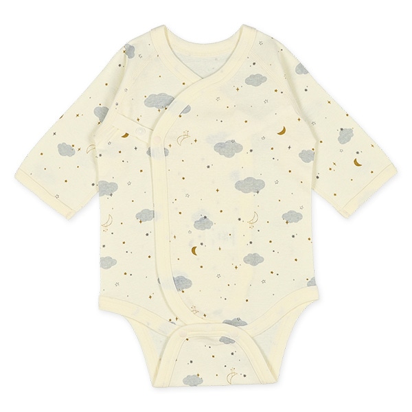 2枚組フライスボタン式長袖打ち合わせロンパース肌着（雲星）