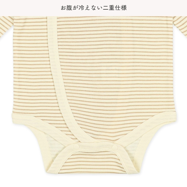 2枚組フライスボタン式長袖打ち合わせロンパース肌着（くま・ボーダー）