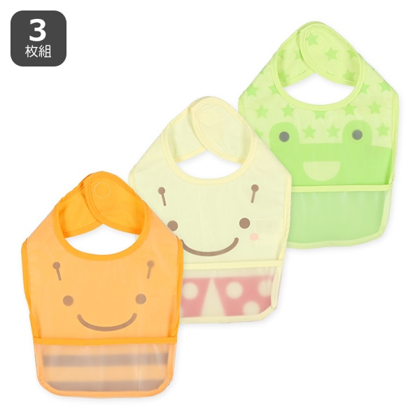 3枚組袖なし食事用エプロン（はち・てんとう虫・カエル）