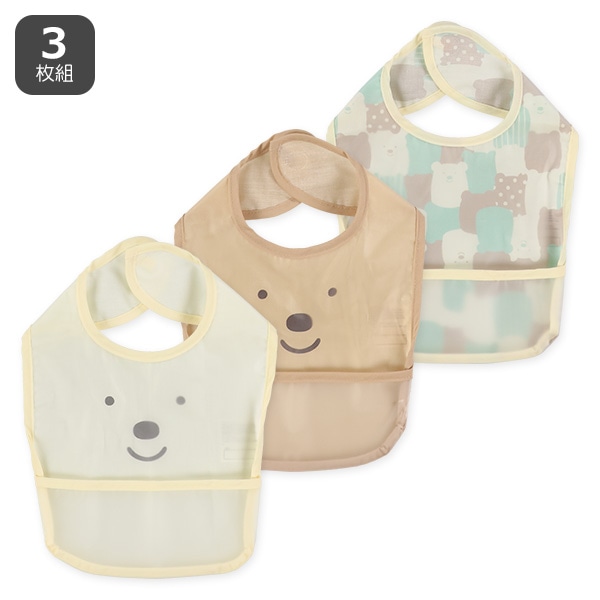 3枚組袖なし食事用エプロン（くまフェイス）