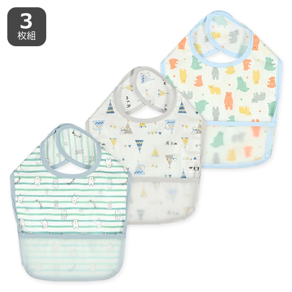 3枚組袖なし食事用エプロン（ボーダー・テント・くま）