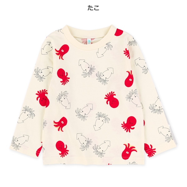 タコ・小鳥・おにぎり総柄長袖Tシャツ