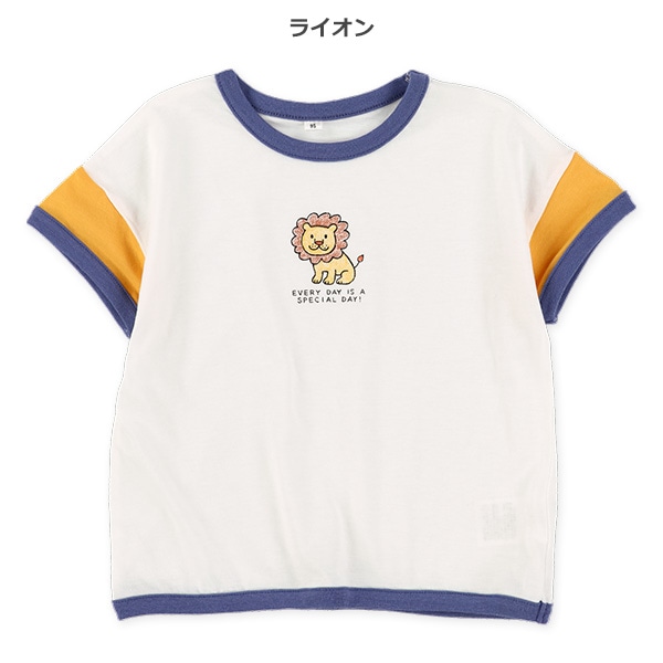 袖配色アニマルプリント半袖Tシャツ