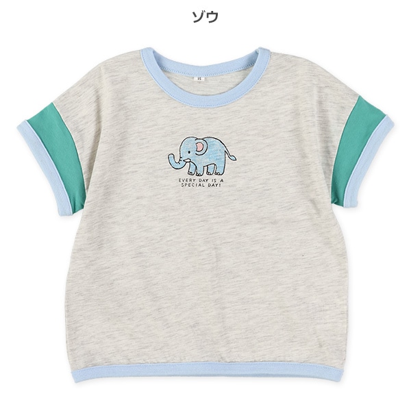 袖配色アニマルプリント半袖Tシャツ