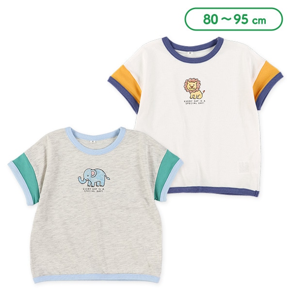 袖配色アニマルプリント半袖Tシャツ