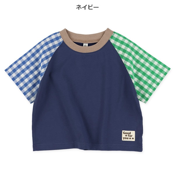 袖チェック半袖Tシャツ