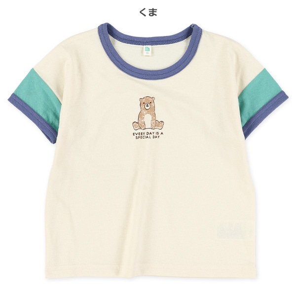 袖配色アニマルプリント半袖Tシャツ