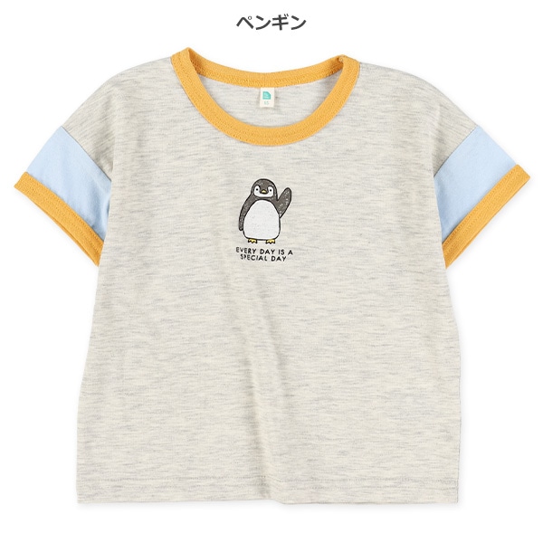 袖配色アニマルプリント半袖Tシャツ