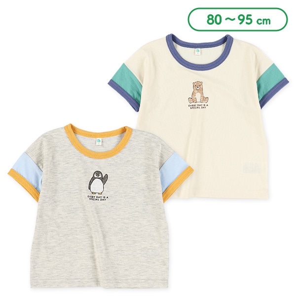 袖配色アニマルプリント半袖Tシャツ