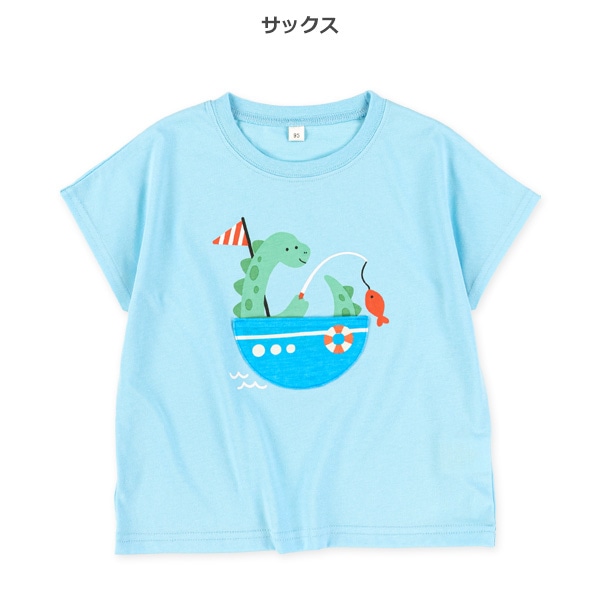 デザインポケット付き恐竜ドロップショルダー半袖Tシャツ