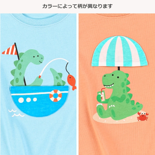 デザインポケット付き恐竜ドロップショルダー半袖Tシャツ