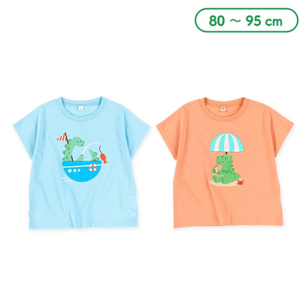 デザインポケット付き恐竜ドロップショルダー半袖Tシャツ