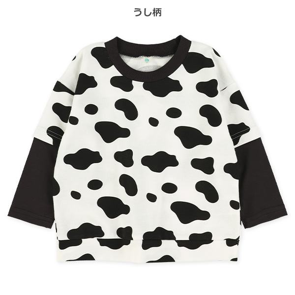 ミニ裏毛総柄レイヤード風長袖Tシャツ