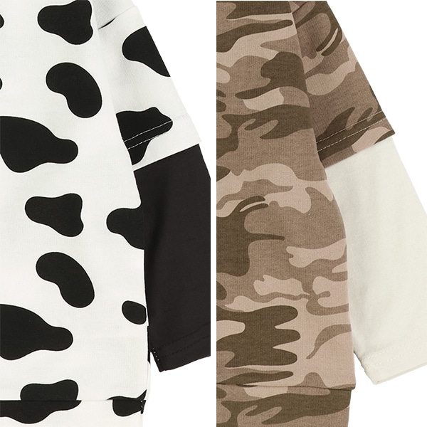 ミニ裏毛総柄レイヤード風長袖Tシャツ