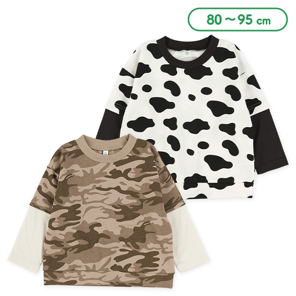 ミニ裏毛総柄レイヤード風長袖Tシャツ