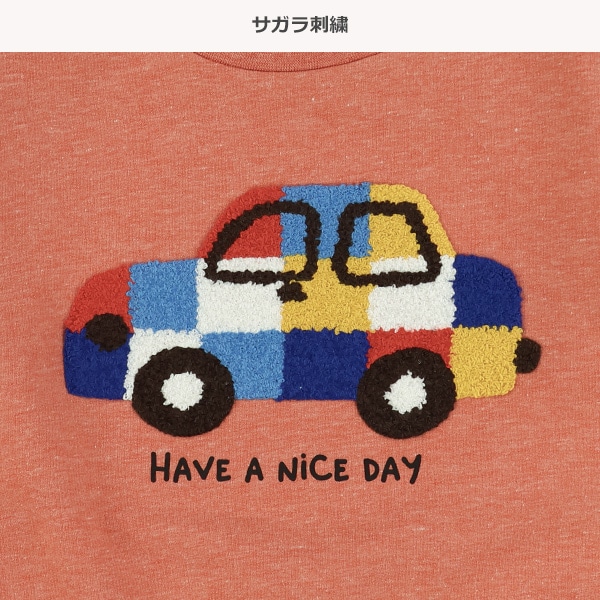 裏毛ブロックくるまサガラ刺繍薄手トレーナー