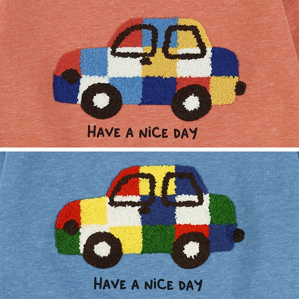 裏毛ブロックくるまサガラ刺繍薄手トレーナー