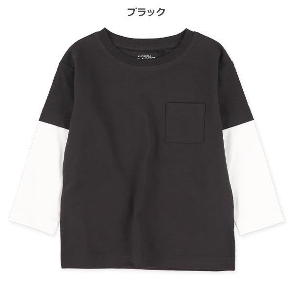 袖レイヤード風胸ポケット付き長袖Tシャツ（ブラック・ベージュ・グリーン・ブルー）