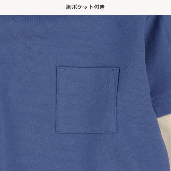 袖レイヤード風胸ポケット付き長袖Tシャツ（ブラック・ベージュ・グリーン・ブルー）