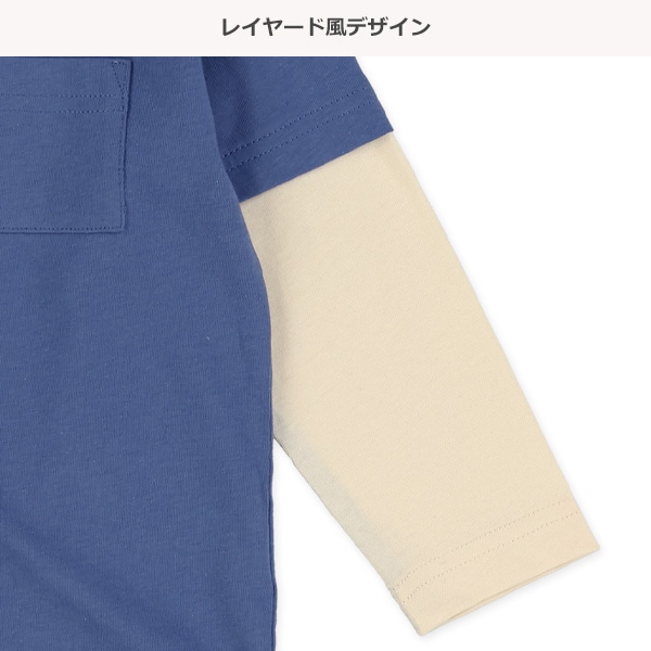 袖レイヤード風胸ポケット付き長袖Tシャツ（ブラック・ベージュ・グリーン・ブルー）