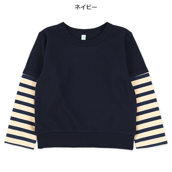 裏毛袖ボーダーレイヤード風トレーナー