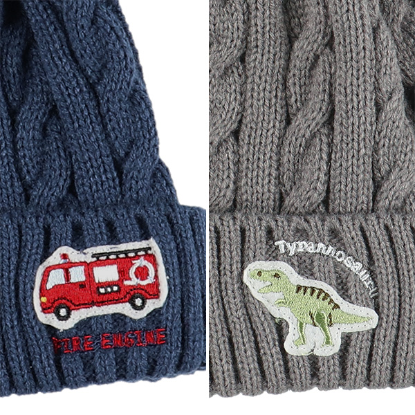 ニット帽子（くるま恐竜刺繍）