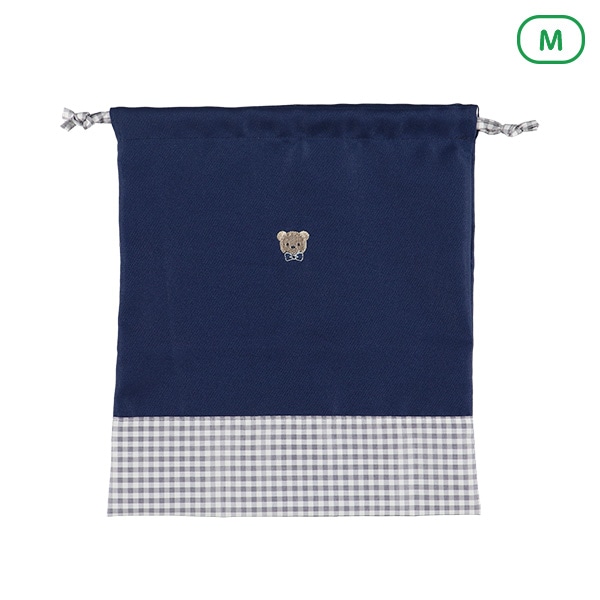 巾着M（くま刺繍ギンガム）