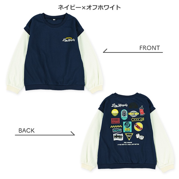 袖ワッフルバックプリントレイヤード風長袖Tシャツ