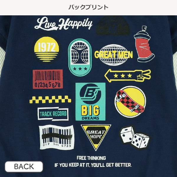 袖ワッフルバックプリントレイヤード風長袖Tシャツ
