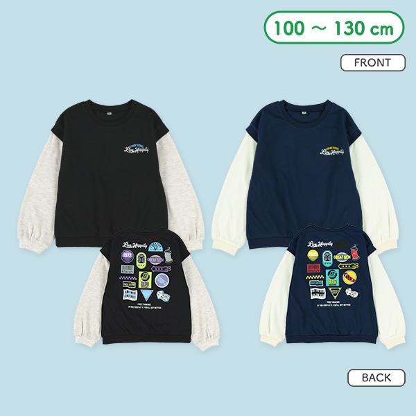 袖ワッフルバックプリントレイヤード風長袖Tシャツ