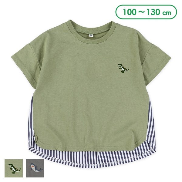 後ろストライプ切り替え胸刺繍半袖Tシャツ