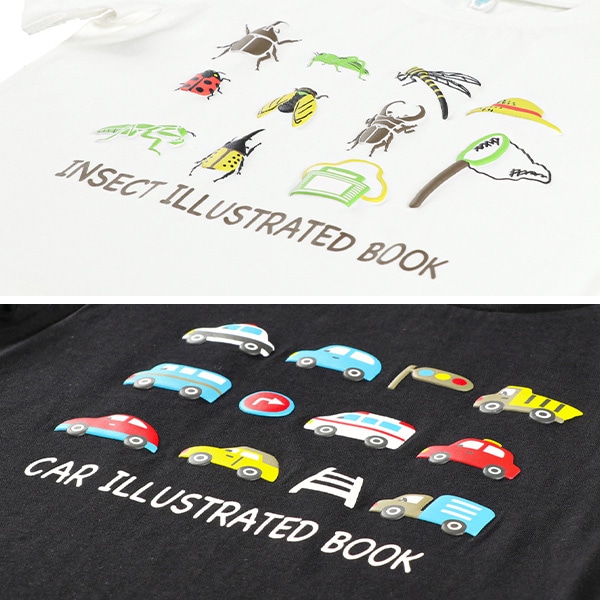 カラフル発泡プリント英字半袖Tシャツ（昆虫・くるま・恐竜・うみ）