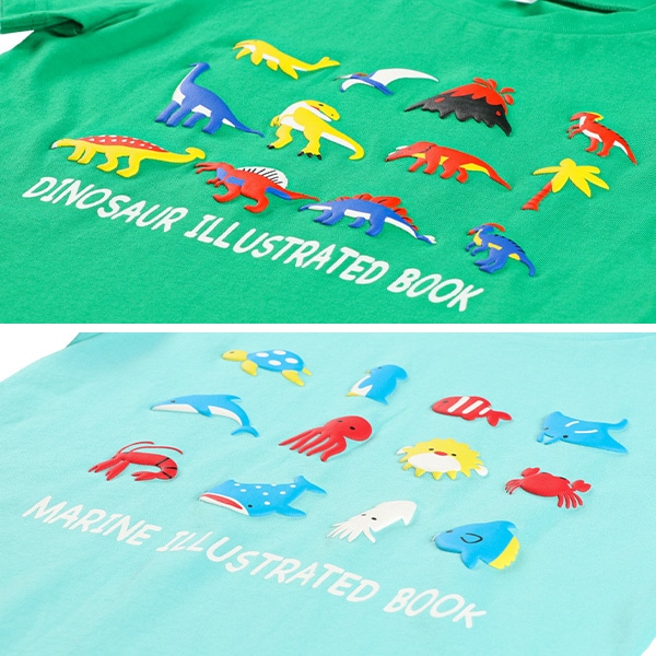 カラフル発泡プリント英字半袖Tシャツ（昆虫・くるま・恐竜・うみ）