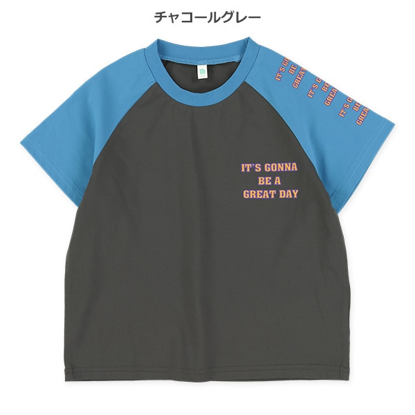 胸肩プリントラグラン半袖Tシャツ
