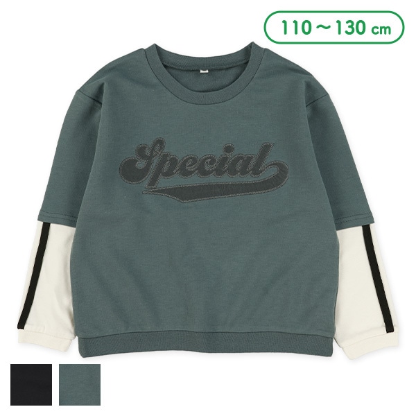 裏毛袖ラインレイヤード風薄手トレーナー