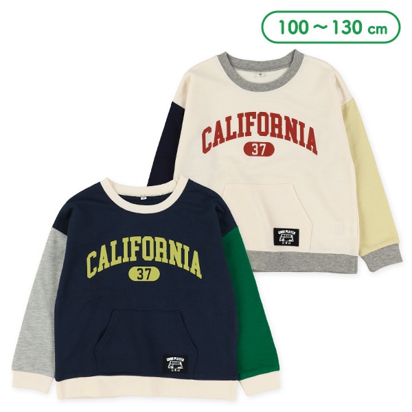 裏毛袖配色胸ロゴ薄手トレーナー