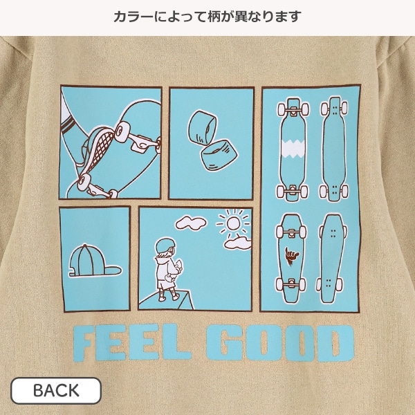 裏起毛スケボー前後袖プリントトレーナー