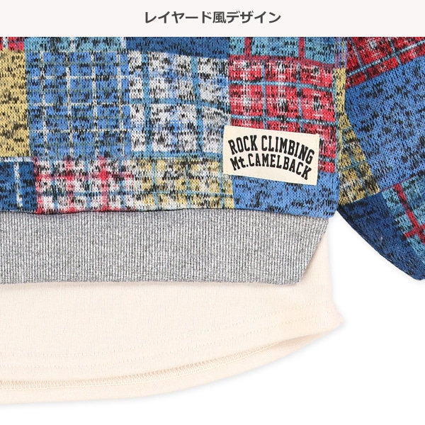 裏起毛ニットソーチェック柄裾レイヤード風トレーナー